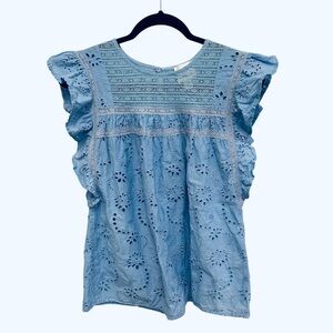 Industry Republic blue eyelet ruffle cap sleeve embroidered blouse Size L